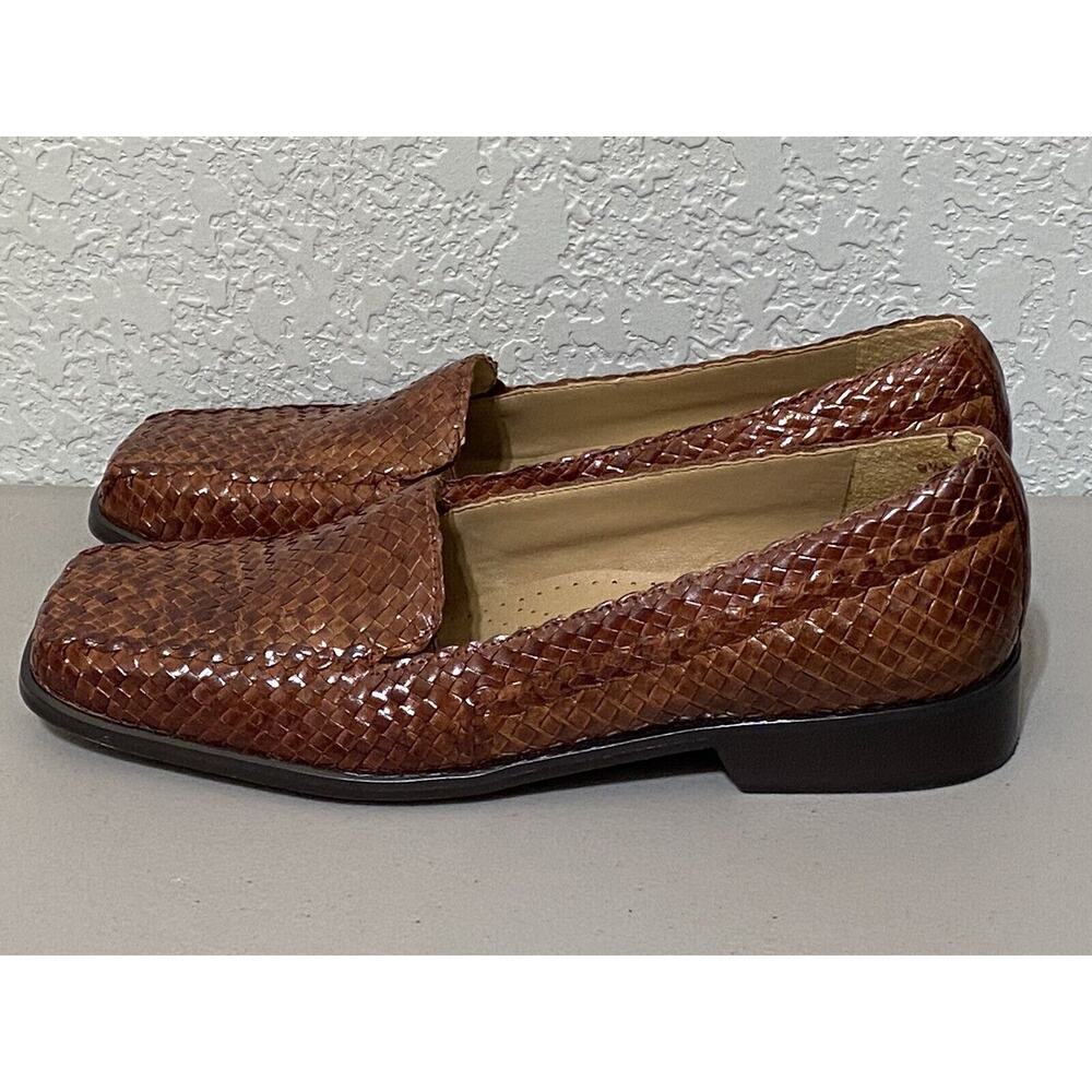 Trotters Lori Womens Brown Leather Woven Slip On Loafers Flats Shoes US 8.5N